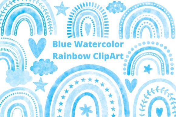 Blue Watercolor Rainbow Clipart Set and Illustrations