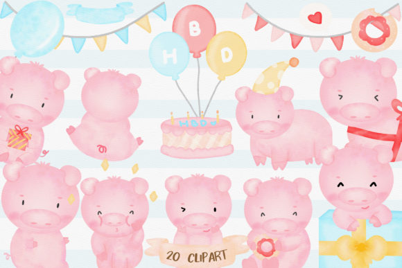 Cute Pigs Birthday Watercolor Clipart