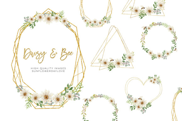 Daisies Bee Frame Watercolor Clipart and Illustrations