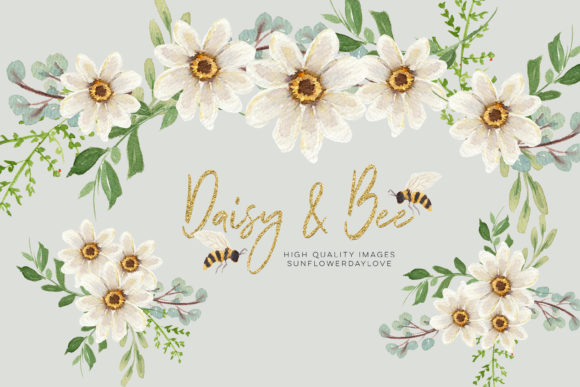 Daisies Bee Watercolor Clipart and Illustrations