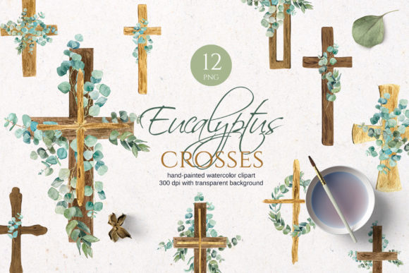 Eucalyptus Wooden Watercolor Cross Illustrations