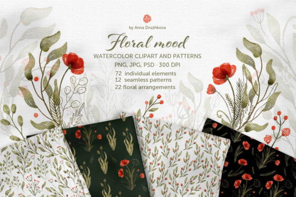Floral Mood Watercolor Clipart Pattern and Illustrations