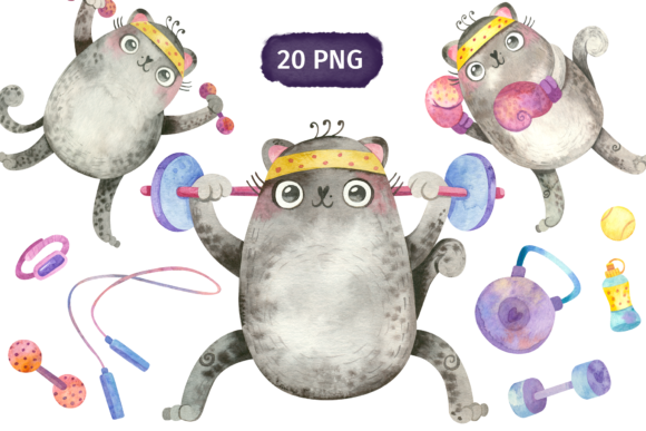 Funny Cats, Watercolor Gym Clipart and Illustrations