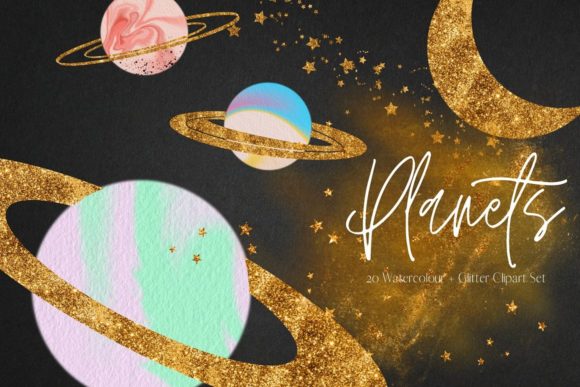 Gold Glitter and Watercolour Planets Illustrations