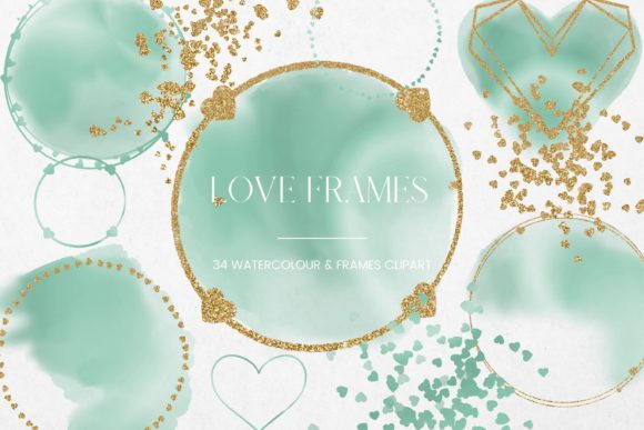 Green Watercolor Gold Heart Frames