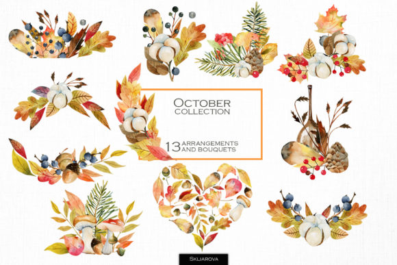 October Bouquets. Watercolor Clipart. Illustrations