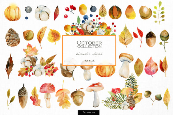 October. Watercolor Autumn Clipart. Illustrations