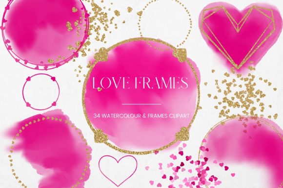 Pink Heart Watercolour and Gold Frames