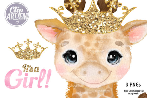 Princess Giraffe Watercolor Pink PNG Set
