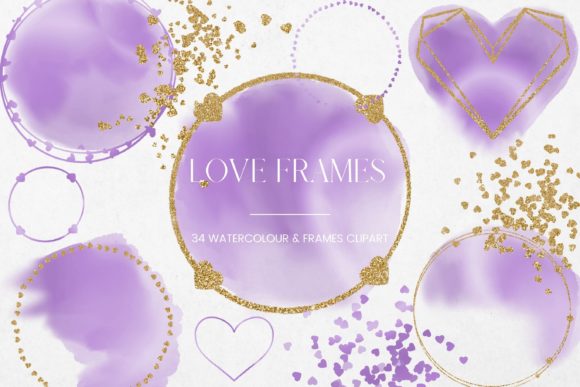 Purple Watercolor Gold Hearts Frames and Illustrations