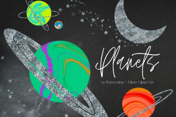 Silver Glitter and Watercolour Planets Illustrations