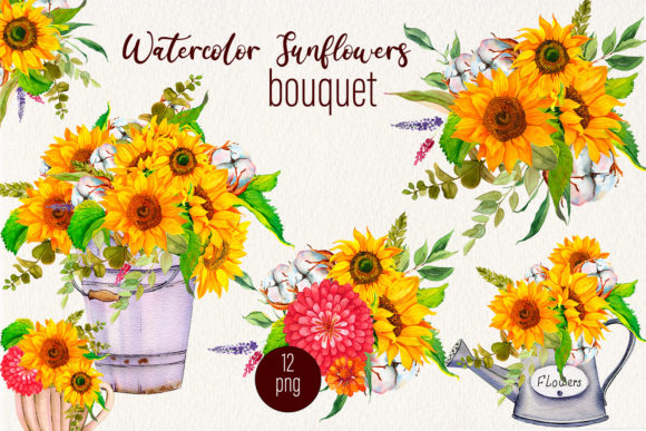 Sunflower and Cotton Watercolor Bouquet Illustrations