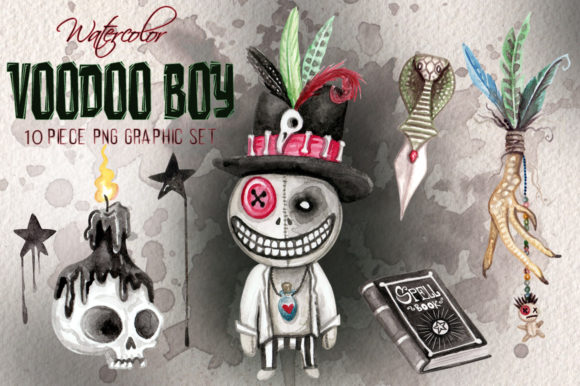Voodoo Doll Boy Watercolor Clip Art Set and Illustrations