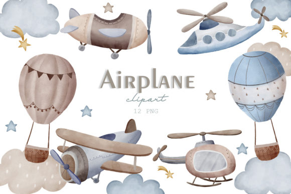 Watercolor Airplane Balloon Clipart and Illustrations