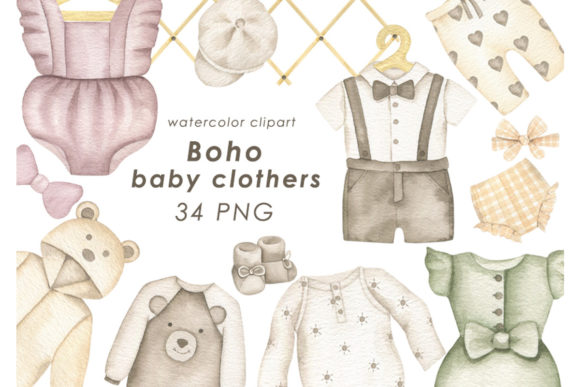 Watercolor Boho Clothes Clipart and Illustrations