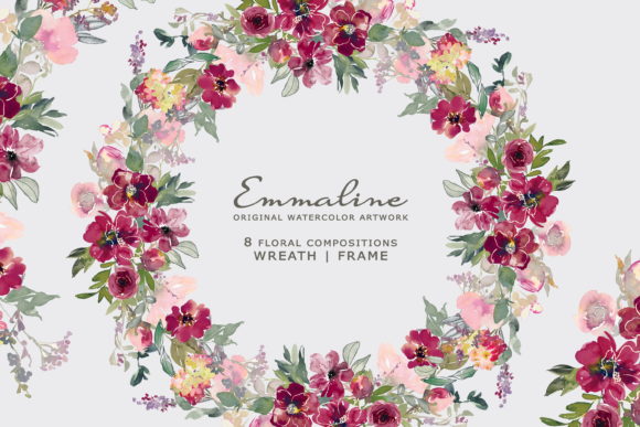 Watercolor Burgundy Floral Clipart Set and Illustrations