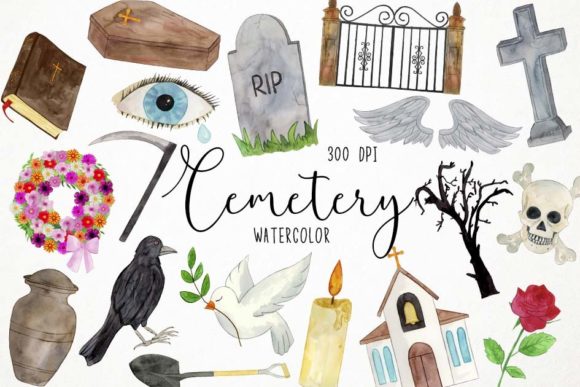 Watercolor Cemetery Clipart, Funeral Illustrations