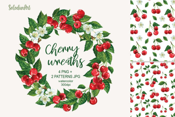 Watercolor Cherry Wreaths Illustrations
