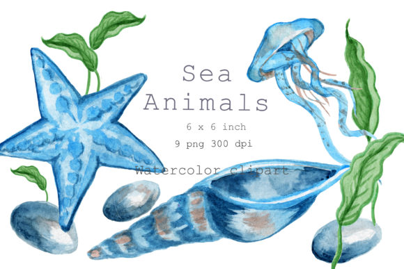 Watercolor Clipart Sea Animals.Blue SEA