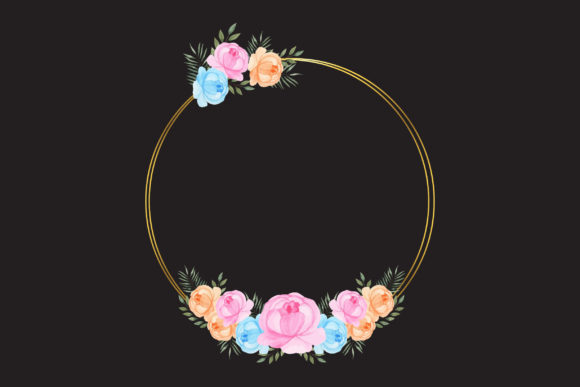 Watercolor Flowers with Golden Frame Illustrations