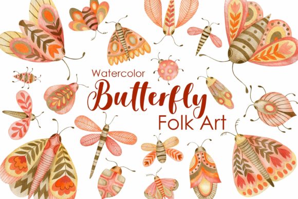 Watercolor Folk Art Butterfly Illustrations