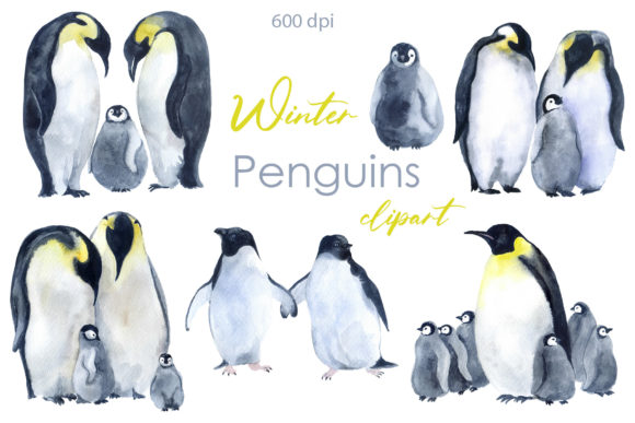 Watercolor Holiday Clipart. Cute Penguin