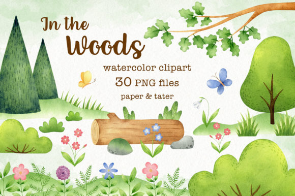 Watercolor in the Woods Clipart Set and Illustrations