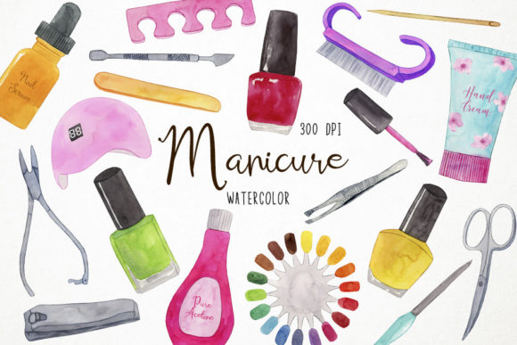 Watercolor Manicure Clipart, Nails
