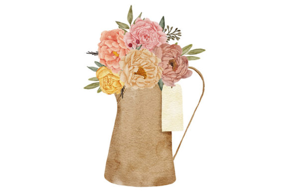 Watercolor Peony Flower on Tea Pot Illustrations