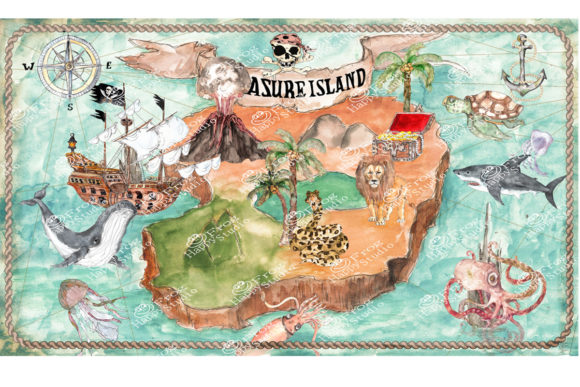 Watercolor Pirate Treasure Island Map Illustrations