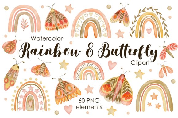 Watercolor Rainbow Butterfly Clipart and Illustrations