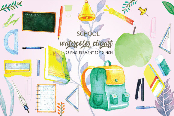 Watercolor School Elements Clipart and Illustrations