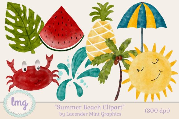 Watercolor Summer Beach Clipart and Illustrations