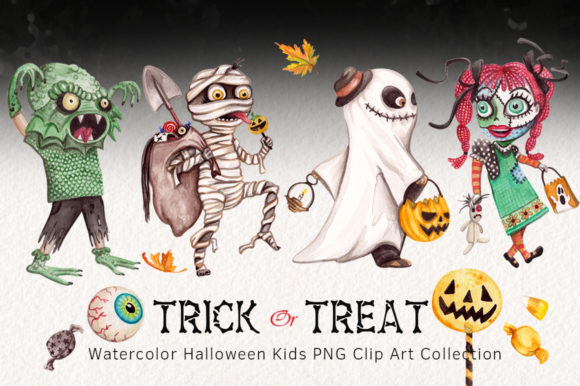 Watercolor Trick Treating Kids Clipart and Illustrations