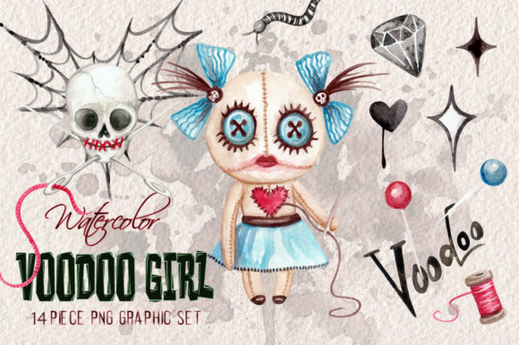 Watercolor Voodoo Girl Clip Art Elements and Illustrations