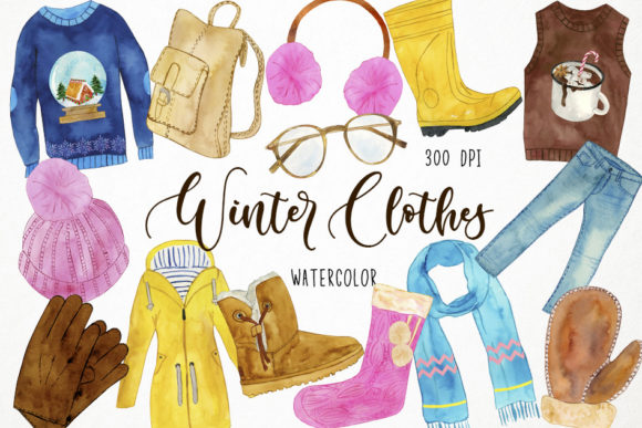 Watercolor Winter Clothes Clipart and Illustrations