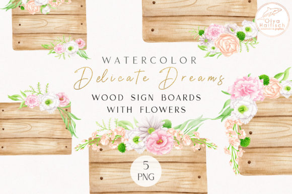 Watercolor Wood Floral Signs PNG Clipart and Illustrations