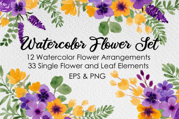 Watercolor Yellow Purple Rose Flowers Illustrations